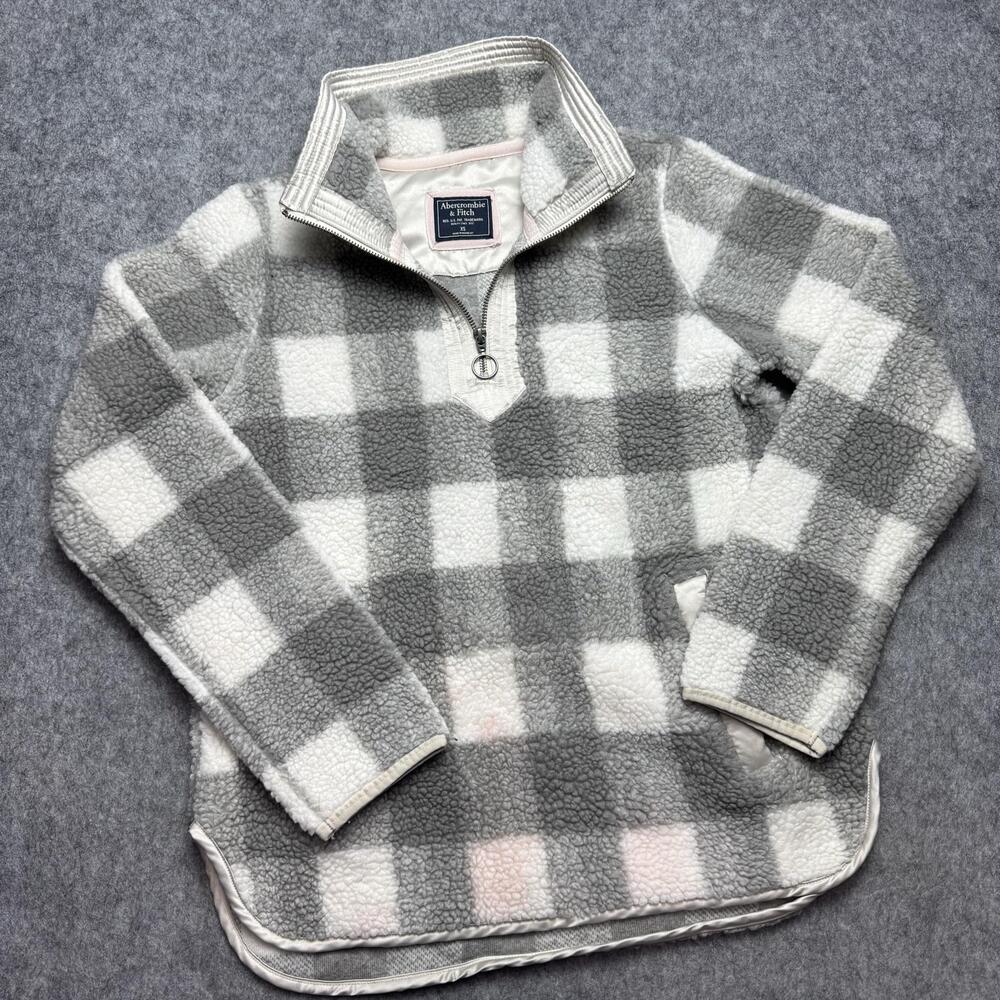 Abercrombie & Fitch Jacket Womens XS Gray White Plaid Sherpa Fleece 1/4 Zip